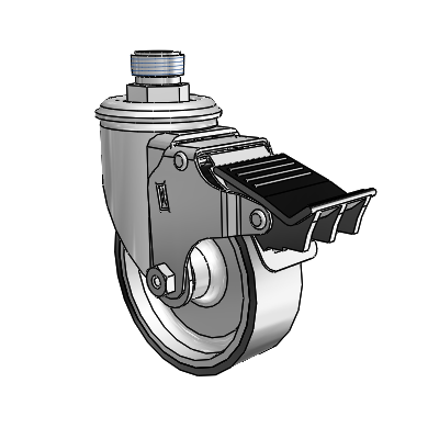 2 Series Pipe Thread Stem Zinc Swivel Caster with 4 x 1.25 Black on Silver ThermoTech Wheel and Total Lock Brake