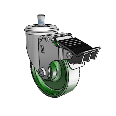 2 Series Threaded Stem Zinc Swivel Caster with 4 x 1.25 Green Cast Iron Wheel and Total Lock Brake