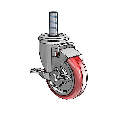2 Series Threaded Stem Zinc Swivel Caster with 4 x 1.25 Maroon on Grey Polyurethane HI-TECH Wheel and Top Lock Brake