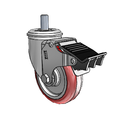 2 Series Threaded Stem Zinc Swivel Caster with 4 x 1.25 Maroon on Grey Polyurethane HI-TECH Wheel and Total Lock Brake