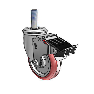 2 Series Threaded Stem Zinc Swivel Caster with 4 x 1.25 Maroon on Grey Polyurethane HI-TECH Wheel and Total Lock Brake