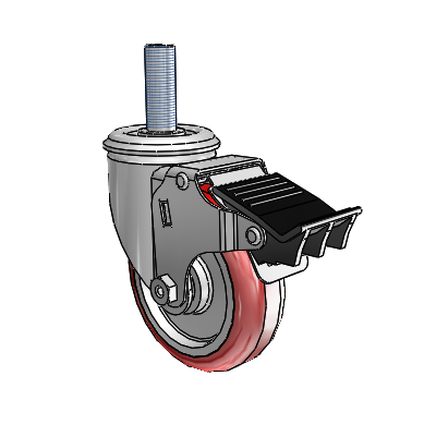 2 Series Threaded Stem Zinc Swivel Caster with 4 x 1.25 Maroon on Grey Polyurethane HI-TECH Wheel and Total Lock Brake