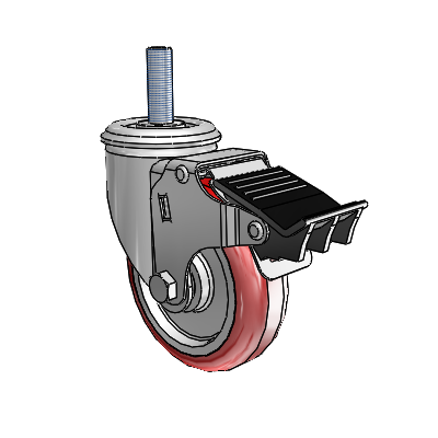 2 Series Threaded Stem Zinc Swivel Caster with 4 x 1.25 Maroon on Grey Polyurethane HI-TECH Wheel and Total Lock Brake