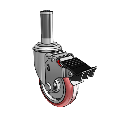 2 Series Expanding Adapter Stem Zinc Swivel Caster with 4 x 1.25 Maroon on Grey Polyurethane HI-TECH Wheel Total Lock (BRK5)