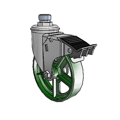 2 Series Pipe Thread Stem Zinc Swivel Caster Caster with 5 x 1.25 Green Cast Iron Wheel and Total Lock Brake