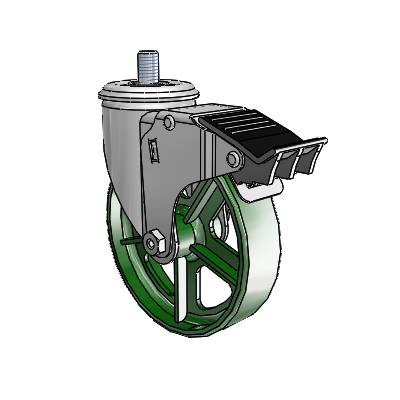 2 Series Threaded Stem Zinc Swivel Caster Caster with 5 x 1.25 Green Cast Iron Wheel and Total Lock Brake