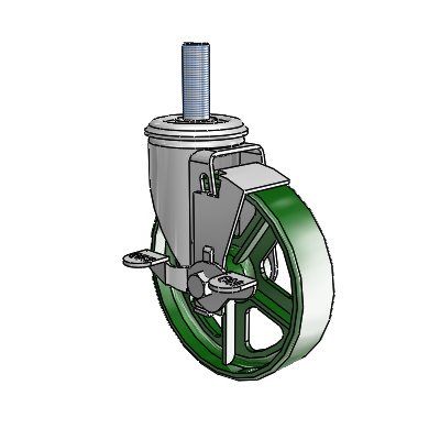2 Series Threaded Stem Zinc Swivel Caster Caster with 5 x 1.25 Green Cast Iron Wheel and Top Lock Brake