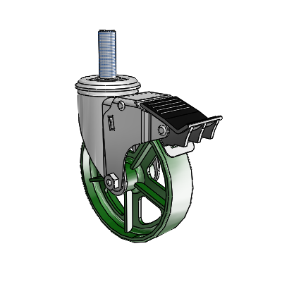 2 Series Threaded Stem Zinc Swivel Caster Caster with 5 x 1.25 Green Cast Iron Wheel and Total Lock Brake