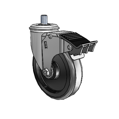 Roulette pivotante à tige filetée en zinc de la série 2, équipée d'une roue en polyoléfine noire de 5 x 1,25 et d'un frein « Total Lock »