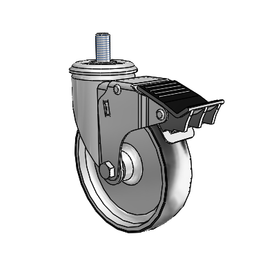 Roulette pivotante à tige filetée en zinc de la série 2, équipée d'une roue ThermoTech noire sur fond argenté de 5 x 1,25 et d'un frein Total Lock