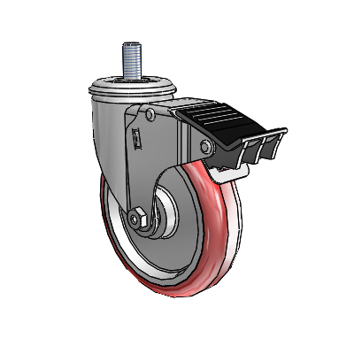 2 Series Threaded Stem Zinc Swivel Caster Caster with 5 x 1.25 Maroon on Grey Polyurethane HI-TECH Wheel and Total Lock Brake