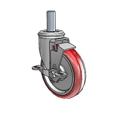 Roulette pivotante à tige filetée en zinc de la série 2, équipée d'une roue HI-TECH en polyuréthane marron sur fond gris (5 x 1,25) et d'un frein à blocage par le haut