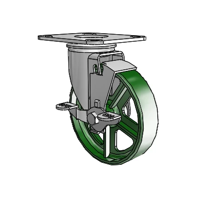2 Series Casters Top Plate Swivel Zinc Swivel Caster with 5 x 1.25 Green Cast Iron Wheel and Top Lock Brake