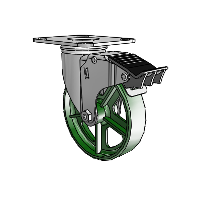 2 Series Casters Top Plate Swivel Zinc Swivel Caster with 5 x 1.25 Green Cast Iron Wheel and Total Lock Brake