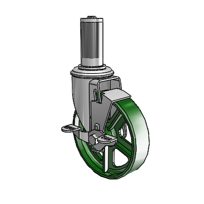 Roulette pivotante à tige d'adaptation extensible de la série 2, en zinc, équipée d'une roue en fonte verte de 5 x 1,25 et d'un frein à blocage par le haut