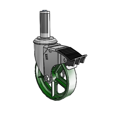 2 Series Expanding Adapter Stem Zinc Swivel Caster Caster with 5 x 1.25 Green Cast Iron Wheel and Total Lock Brake