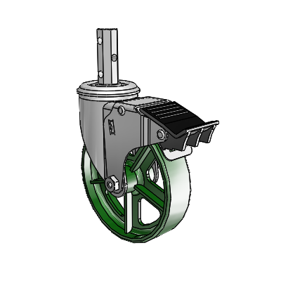 2 Series Casters Square Stem Swivel Zinc Swivel Caster with 5 x 1.25 Green Cast Iron Wheel and Total Lock Brake