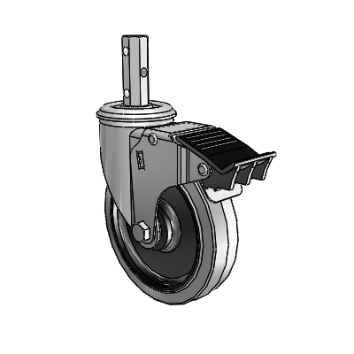 2 Series Casters Square Stem Swivel Zinc Swivel Caster with 5 x 1.25 Grey on Black Performa Rubber (Flat/Conductive) Wheel and Total Lock Brake