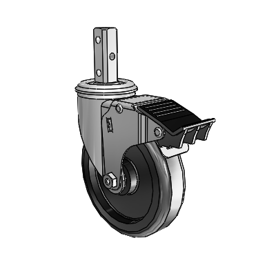 2 Series Casters Square Stem Swivel Zinc Swivel Caster with 5 x 1.25 Black Polyolefin Wheel and Total Lock Brake