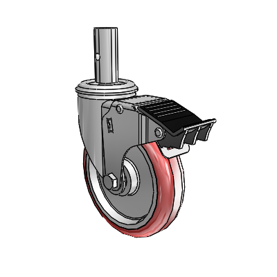 2 Series Casters Square Stem Swivel Zinc Swivel Caster with 5 x 1.25 Maroon on Grey Polyurethane HI-TECH Wheel and Total Lock Brake
