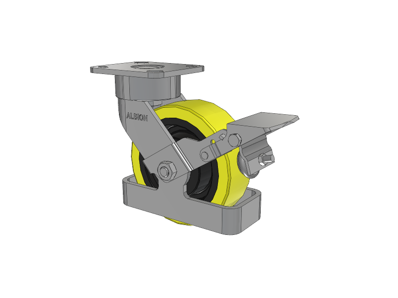 28 Series Maintenance Free Top Plate Swivel Caster with 6 x 2 Yellow Tread on Black Cast Iron Core PF - Polyurethane (Heavy Duty Cast Iron Core) Wheel and Face Brake