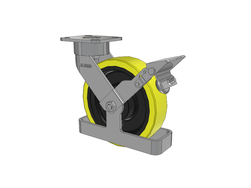 28 Series Maintenance Free Top Plate Swivel Caster with 8 x 2 Yellow Tread on Black Cast Iron Core PF - Polyurethane (Heavy Duty Cast Iron Core) Wheel and Face Brake