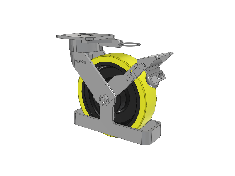 28 Series Maintenance Free Top Plate Swivel Caster with 8 x 2 Yellow Tread on Black Cast Iron Core PF - Polyurethane (Heavy Duty Cast Iron Core) Wheel and Face Brake