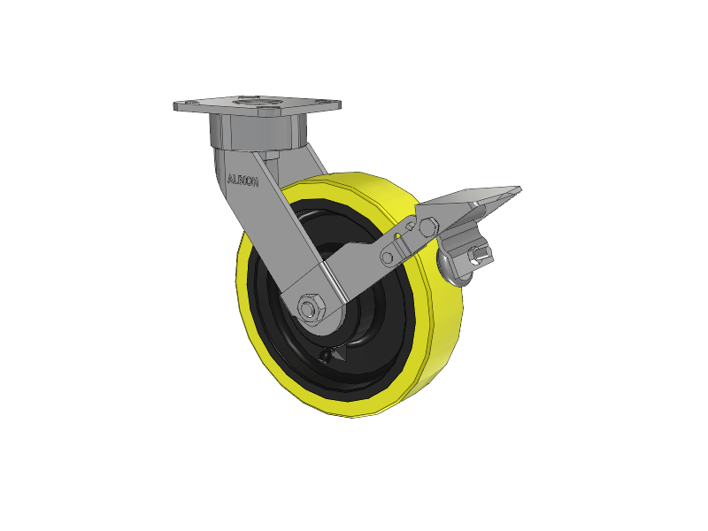 28 Series Maintenance Free Top Plate Swivel Caster with 8 x 2 Yellow Tread on Black Cast Iron Core PF - Polyurethane (Heavy Duty Cast Iron Core) Wheel and Face Brake