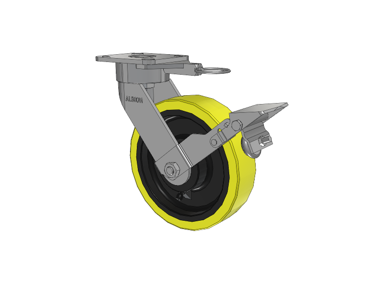 28 Series Maintenance Free Top Plate Swivel Caster with 8 x 2 Yellow Tread on Black Cast Iron Core PF - Polyurethane (Heavy Duty Cast Iron Core) Wheel and Face Brake