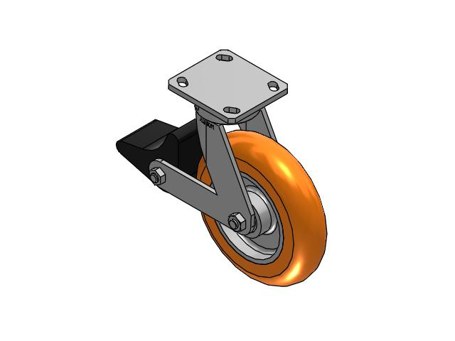 110 Series Kingpinless Top Plate Swivel Caster with 8 x 2 Orange Tread on Aluminum Core AN - Round Polyurethane (Aluminum Core) Wheel and Poly Lock Integrated Brake