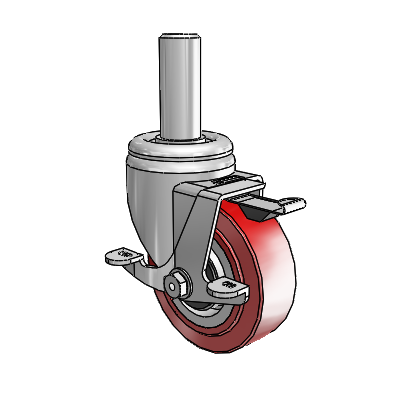 3 Series Round Stem Zinc Swivel Caster with 4 x 1.5 Maroon on Grey Polyurethane HI-TECH Wheel and Top Lock Brake