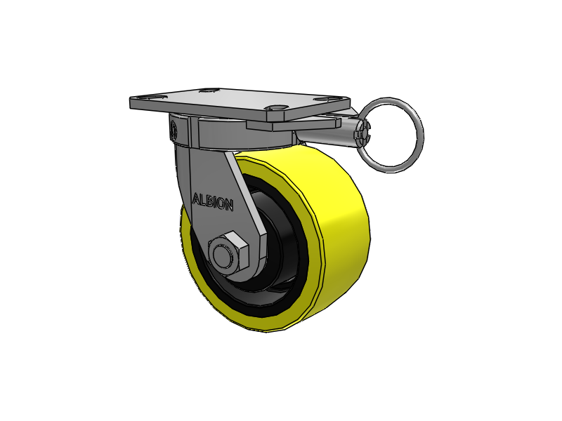 Roulette pivotante à plaque supérieure de la série 310, avec bande de roulement jaune 6 x 3 sur noyau en fonte noire PF - Roue en polyuréthane (noyau en fonte pour usage intensif)