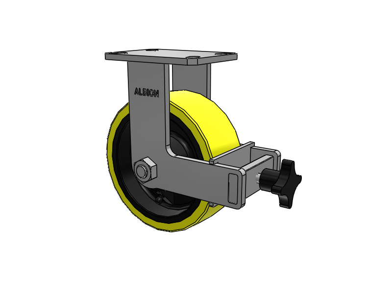 310 Series Top Plate Rigid Caster with 8 x 3 Yellow Tread on Black Cast Iron Core PF - Polyurethane (Heavy Duty Cast Iron Core) Wheel and Face Brake