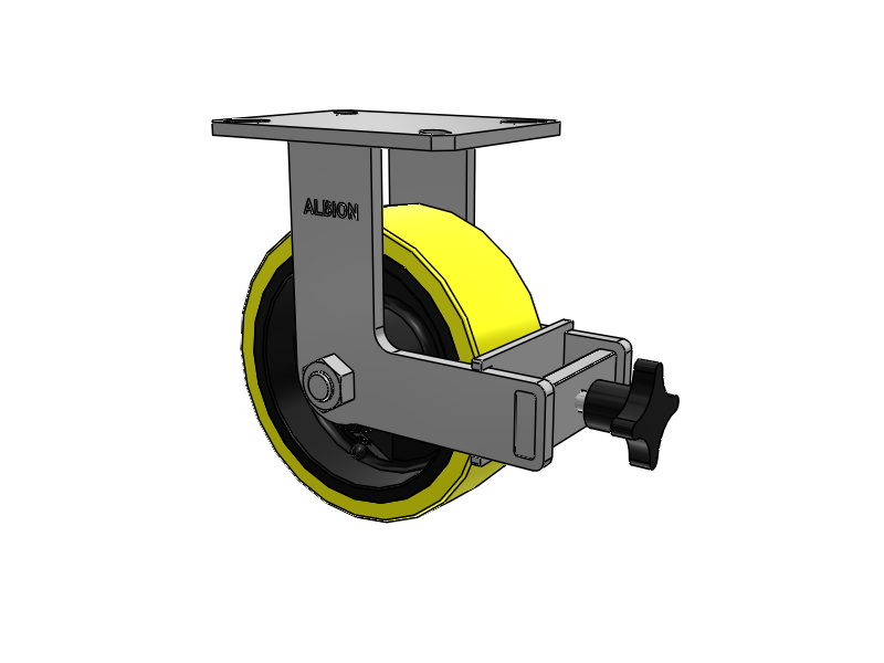 310 Series Top Plate Rigid Caster with 8 x 3 Yellow Tread on Black Cast Iron Core PF - Polyurethane (Heavy Duty Cast Iron Core) Wheel and Face Brake