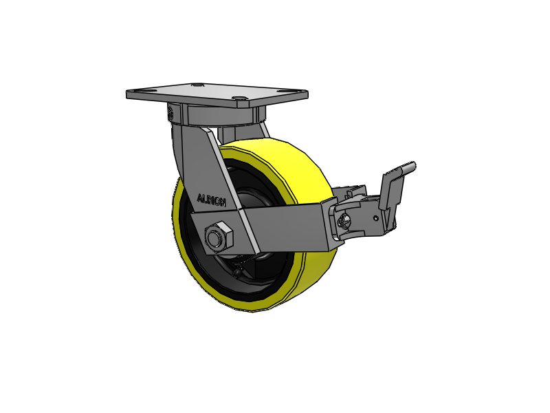 310 Series Top Plate Swivel Caster with 8 x 3 Yellow Tread on Black Cast Iron Core PF - Polyurethane (Heavy Duty Cast Iron Core) Wheel and Face Brake