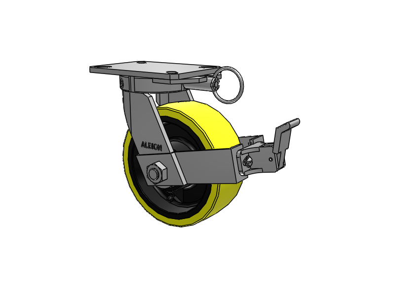 310 Series Top Plate Swivel Caster with 8 x 3 Yellow Tread on Black Cast Iron Core PF - Polyurethane (Heavy Duty Cast Iron Core) Wheel and Face Brake
