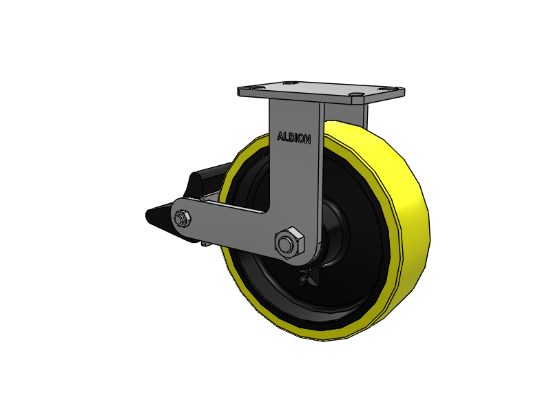 310 Series Top Plate Rigid Caster with 10 x 3 Yellow Tread on Black Cast Iron Core PF - Polyurethane (Heavy Duty Cast Iron Core) Wheel and Poly Lock Integrated Brake