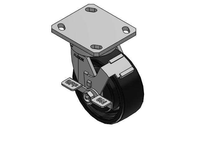 Rueda giratoria con placa superior sin pivote de la serie 110, con 5 x 2 FR pintadas de negro: rueda de banda de rodadura abombada de hierro dúctil y freno frontal