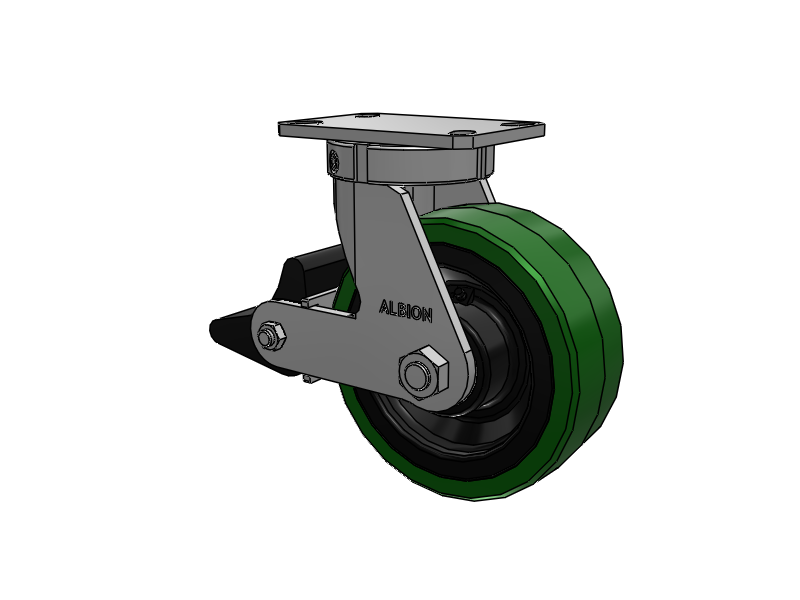310 Series Top Plate Swivel Caster with 8 x 3 Green Tread on Black Cast Iron Core PX - Thick Polyurethane (Cast Iron Core) Wheel and Poly Lock Integrated Brake