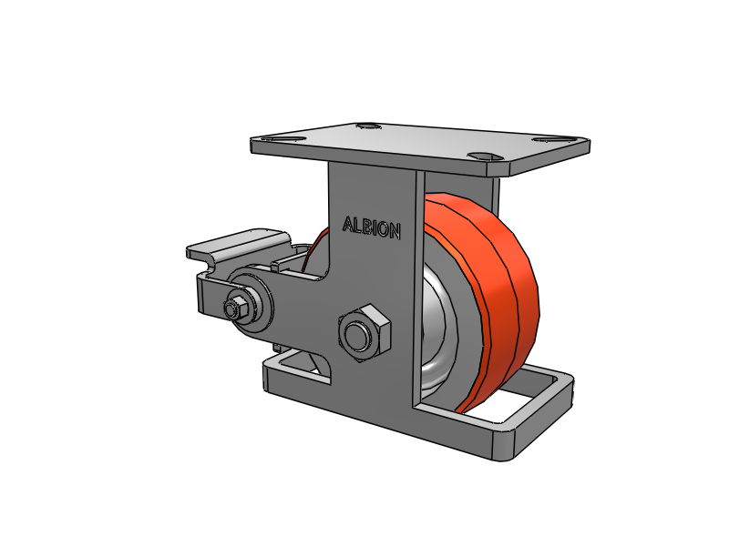 Starre Lenkrolle der Serie 310 mit 6 x 3 rot-orangefarbenem Profil auf Gusseisenkern, PY – Polyurethan 80A (Gusseisenkern) Rad und Poly-Cam-Bremse