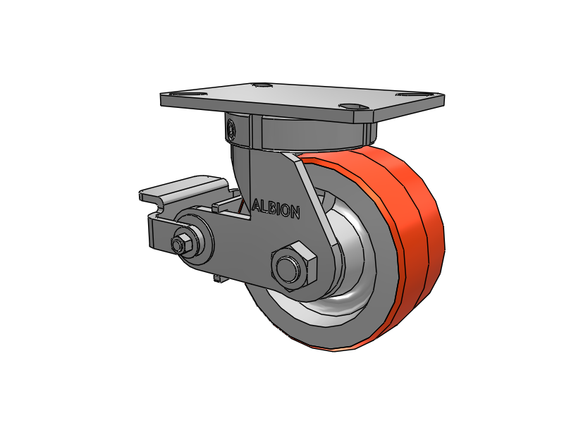 310 Series Top Plate Swivel Caster with 6 x 3 Red-Orange Tread on Cast Iron Core PY - Polyurethane 80A (Cast Iron Core) Wheel and Poly Cam Brake