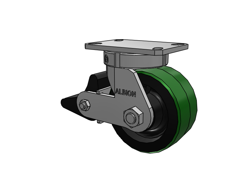 310 Series Top Plate Swivel Caster with 6 x 3 Green Tread on Black Cast Iron Core PY - Polyurethane (Cast Iron Core) Wheel and Poly Lock Integrated Brake
