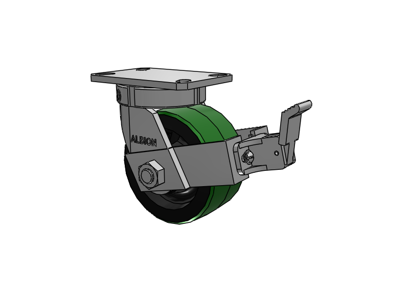 310 Series Top Plate Swivel Caster with 6 x 3 Green Tread on Black Cast Iron Core PY - Polyurethane (Cast Iron Core) Wheel and Face Brake