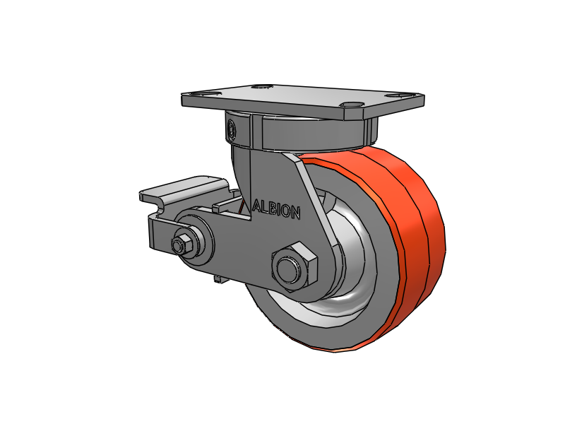 Roulette pivotante à plaque supérieure de la série 310, avec bande de roulement rouge-orange 6 x 3 sur noyau en fonte PY - Roue en polyuréthane 80A (noyau en fonte) et frein à came en polyuréthane