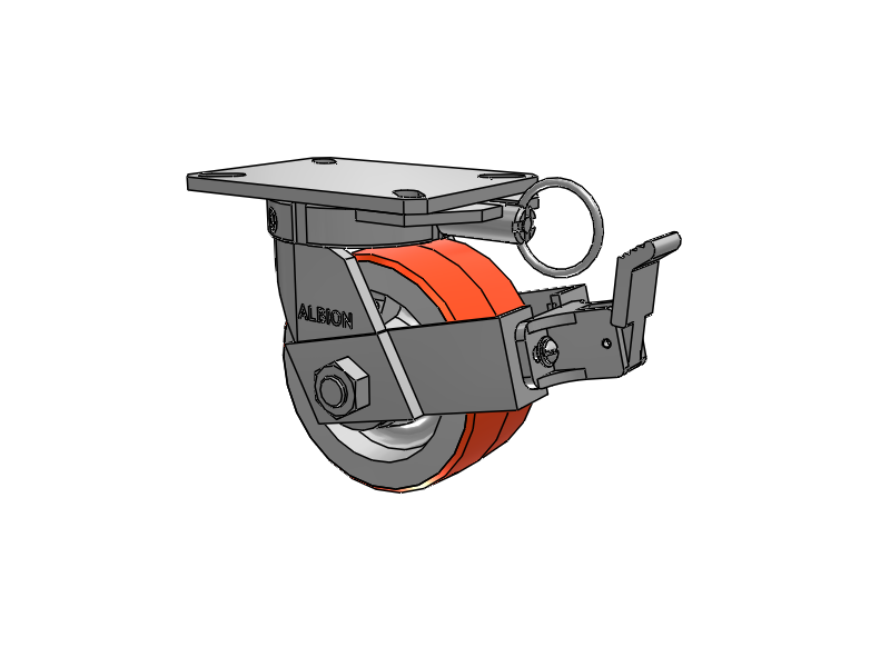 310 Series Top Plate Swivel Caster with 6 x 3 Red-Orange Tread on Cast Iron Core PY - Polyurethane 80A (Cast Iron Core) Wheel and Face Brake