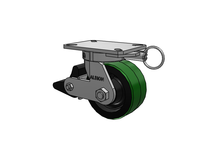 310 Series Top Plate Swivel Caster with 6 x 3 Green Tread on Black Cast Iron Core PY - Polyurethane (Cast Iron Core) Wheel and Poly Lock Integrated Brake