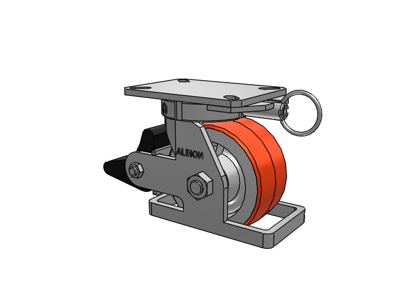 Roulette pivotante à plaque supérieure de la série 310, avec bande de roulement rouge-orange 6 x 3 sur noyau en fonte PY - Roue en polyuréthane 80A (noyau en fonte) et frein intégré Poly Lock