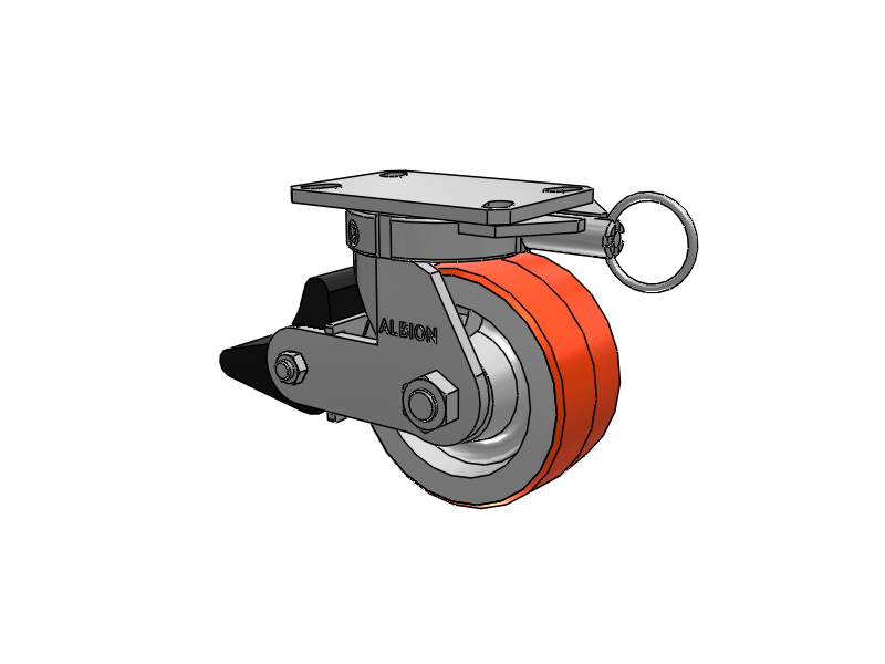 310 Series Top Plate Swivel Caster with 6 x 3 Red-Orange Tread on Cast Iron Core PY - Polyurethane 80A (Cast Iron Core) Wheel and Poly Lock Integrated Brake