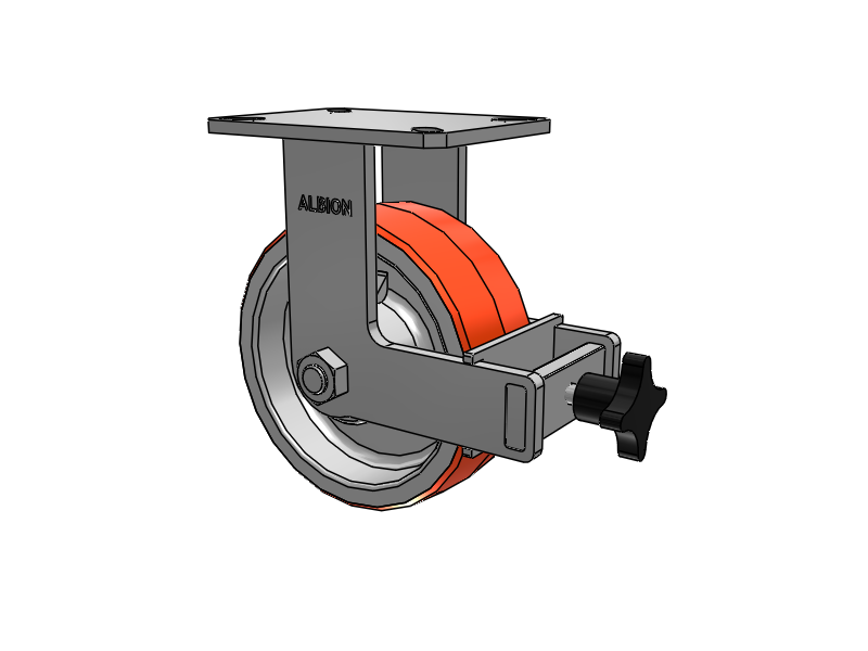 310 Series Top Plate Rigid Caster with 8 x 3 Red-Orange Tread on Cast Iron Core PY - Polyurethane 80A (Cast Iron Core) Wheel and Face Brake
