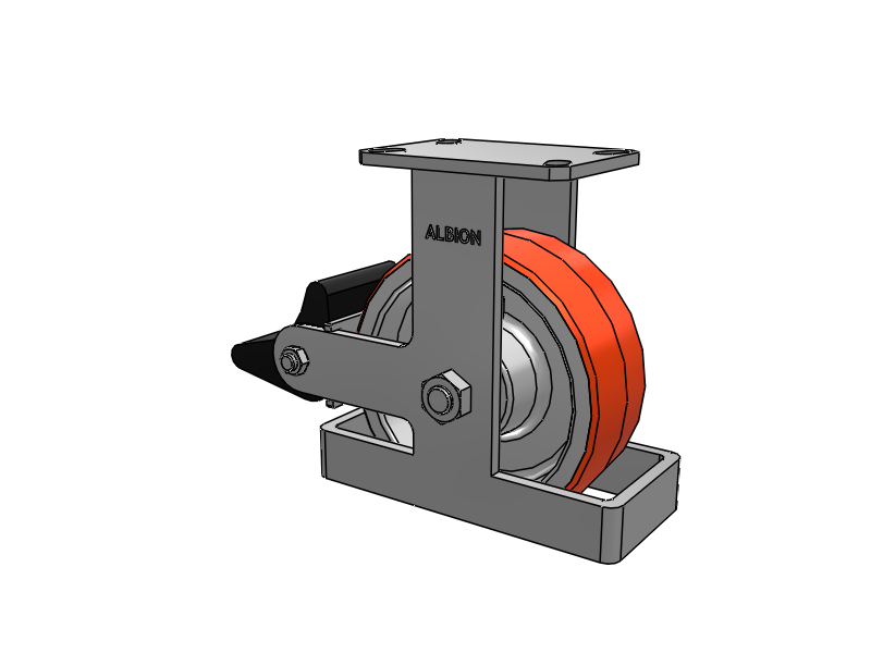 Roulette rigide à plaque supérieure de la série 310, avec bande de roulement rouge-orange 8 x 3 sur noyau en fonte PY - Roue en polyuréthane 80A (noyau en fonte) et frein intégré Poly Lock